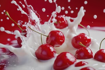 Canvas Print - Fresh cherries being splashed with milk, perfect for a dessert or snack