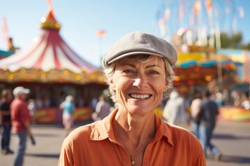 Portrait of a glad woman in her 60s wearing a breathable golf polo in front of lively amusement park background