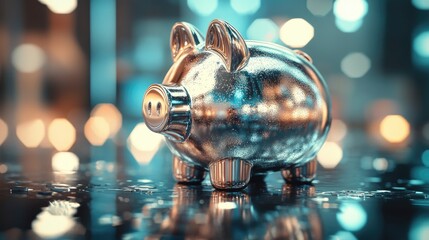 Silver piggy bank on a shiny surface, representing wealth and high-value savings.