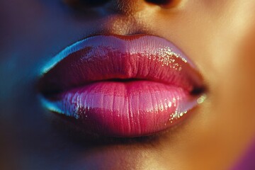 Poster - A close-up shot of a woman's lips with bright pink lipstick, perfect for beauty and cosmetics themed images