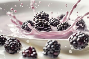 Canvas Print - A simple breakfast plate filled with fresh blackberries and a dollop of milk