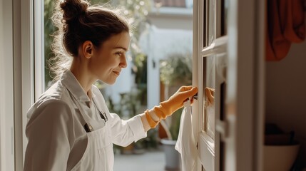 Wall Mural - A young woman in kitchen attire smiles while holding a dishcloth, preparing to clean in a sunlit room filled with greenery