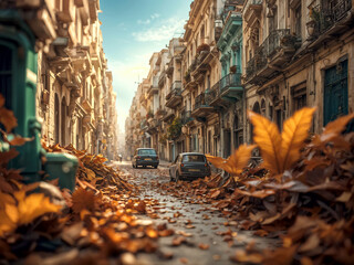 Yellow fall leaves lie on the old streets of Havana with classic architecture. The setting creates a nostalgic atmosphere.