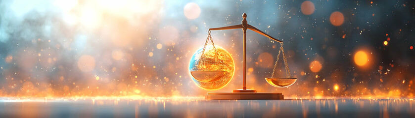 Wall Mural - Holographic Scales Balancing Profit and Planet: Sustainability in Business with Gold Coin & Miniature Earth on White Platform | Stock Photo Concept