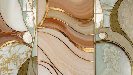 Wall Mural - Abstract stained glass window with gold accents and a cameo of a woman's profile.