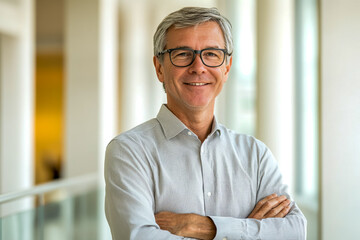 A middle-aged, smiling man with gray hair and glasses, wearing casual business attire, standing in an office.