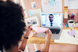 Business, woman and laptop with mask in video call for remote work, mpox virus isolation and quarantine. Professional, employee and webinar screen in home office for telecommunication and lockdown
