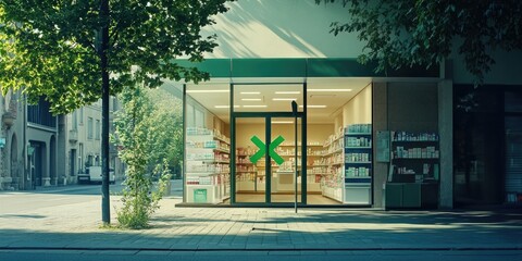 Medical store front with a prominent green cross symbol on the door, ideal for use in healthcare-related contexts