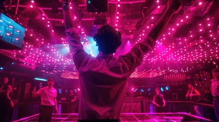 Wall Mural - a person standing in front of a bright disco light, perfect for party or club scenes
