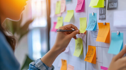 Managers coordinating development strategies by arranging sticky notes on a board in a collaborative workspace during the daytime