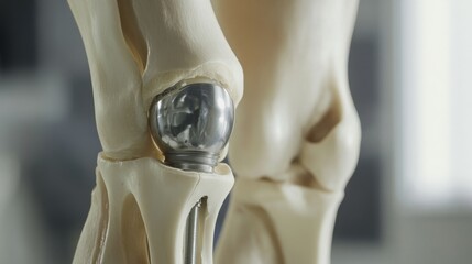 Poster - A close-up of a knee joint model showcasing a prosthetic implant positioned within the joint
