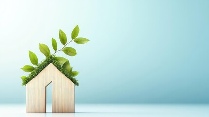 Wooden House Model with Green Leaves