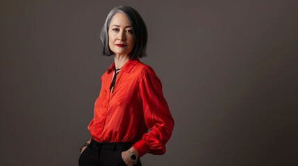 Confident middle-aged woman with silver hair in a stylish red blouse