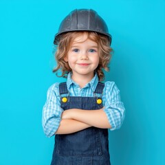 Charming child dressed as a construction worker with helmet and overalls on blue background