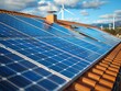 © Fridocha - Solar panels on a rooftop with wind turbines in the background, showcasing renewable energy.