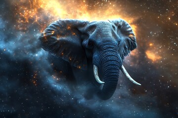 Wall Mural - an elephant's head emerges from a cosmic background, blending nature with space imagery.