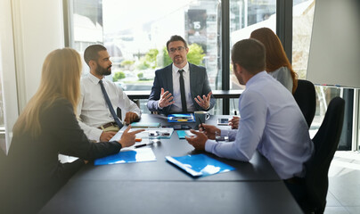Leinwandbilder - Manager, investor or business people in meeting with group for feedback and discussion or teamwork. Corporate, financial review or professional colleagues talking for news, advice and planning online