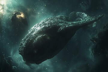Wall Mural - a massive, ethereal creature gliding through a cosmic landscape filled with stars and nebulae.