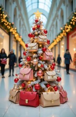 Wall Mural - Christmas tree decorated with ladies bags against the background of a large bright shopping center