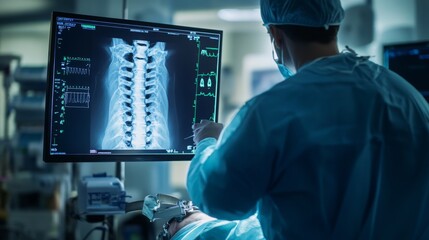 Fototapete - A surgeon wearing scrubs and a surgical cap leans over a computer monitor displaying an x-ray of a patient's spine