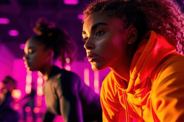 Dynamic focus engaging young athletes training in vibrant urban gym setting with neon lights and intense expressions