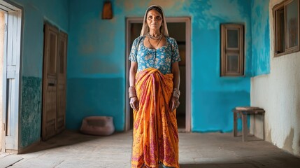 Portrait of a traditional woman in a vibrant rural home setting