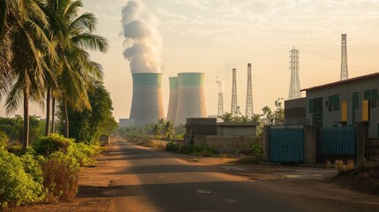 Industrial power plant landscape at sunset with smoke emissions and rustic road