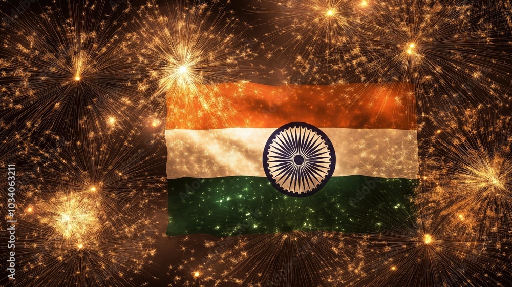 Indian independence day celebration with fireworks and national flag ...