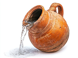 Water pouring out of clay jug isolated on white background