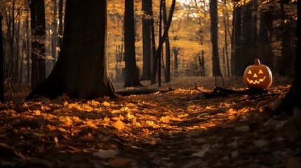 Spooky Pumpkin in Autumn Forest Scene