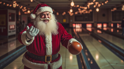 A man dressed as Santa Claus holding a bowling ball in a bowling alley