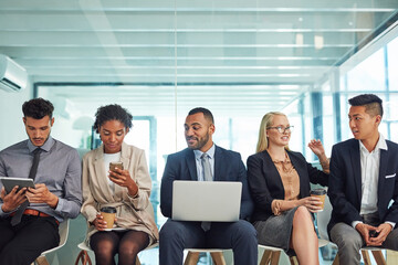 Poster - Business people, row and waiting room with technology for job search, career opportunity or line at office. Young, group or employees on chairs with laptop, tablet or phone for company offer together