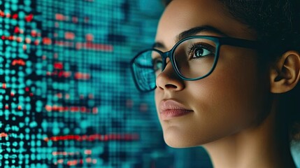 A focused woman with glasses gazes thoughtfully at a digital display of data, symbolizing technology, analytics, and innovation.
