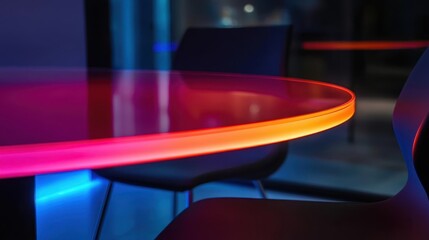 Poster - A close-up photo of a round table with a reflective surface and a glowing red rim, partially illuminated by blue light