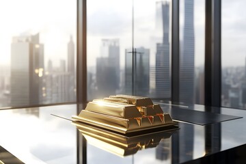 Gold bars on a table with city skyline in the background