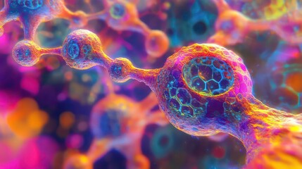 Wall Mural - abstract 3d rendering of colorful interconnected spheres, resembling cells or molecules, with a blur