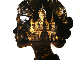 Double exposure photo: silhouette of girl's head and church