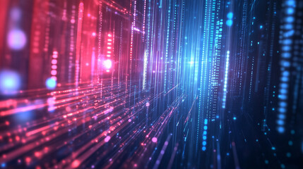 Abstract background of digital data streams and binary code, highlighted by dynamic red light rays, blue glow, and moving bokeh lights. This futuristic cyber space design reflects the concept of digit