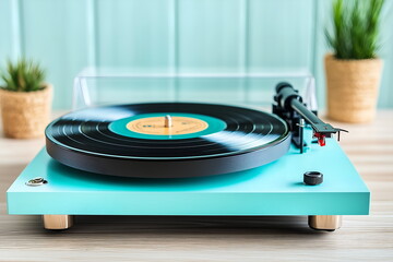 A vintage record player spinning a vinyl record, on blue background, layout with copy space