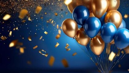 Wall Mural - elegant blue and gold balloons with golden confetti on a blue background detailed high definition im