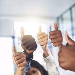 Poster - Business people, hands and thumbs up in office for success, achievement and collaboration with support. Employees, trust and approval gesture in workplace for thank you, teamwork and agreement emoji