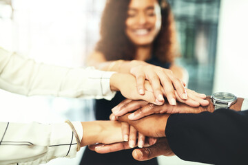 Wall Mural - Teamwork, stack and hands of business people in office for meeting, collaboration and support. Professional, corporate staff and men and women with gesture for solidarity, partnership and agreement