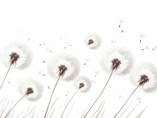 Canvas Print - Flat Rising White Dandelion Seeds Concept: Close-Up Illustration of Floating Dandelion Seeds Ascending for Symbolizing Letting Go and New Beginnings on Clean White Background