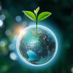 Wall Mural - green sprout growing out of a digital globe
