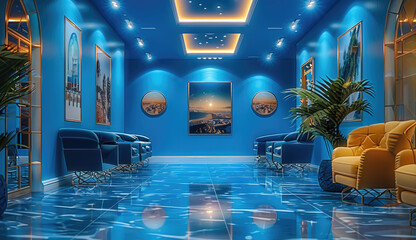 A hotel lobby in blue colors with space for posters on the walls.