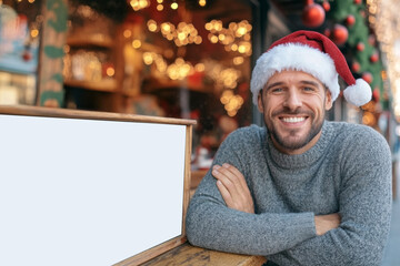 Smiling man is siting near blank sign mock up for logo or Christmas advertisement at a festive outdoor cafe during the holiday season