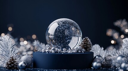 Poster - A beautiful snow globe sits elegantly on a dark blue pedestal, surrounded by silver decorations and pinecones. The sparkling snow inside adds a magical touch, perfect for the winter season.