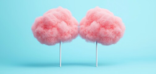 Pink cotton candy clouds set against a bright blue sky, surreal and whimsical, perfect for fantasy or dreamy atmosphere concepts