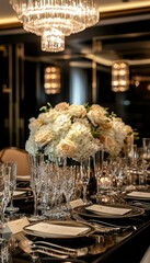 elegant birthday celebration in luxurious dining room with floral centerpiece