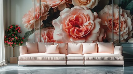 Minimalist living room, wall paneling with large printed roses and dahlias, pastel colors.